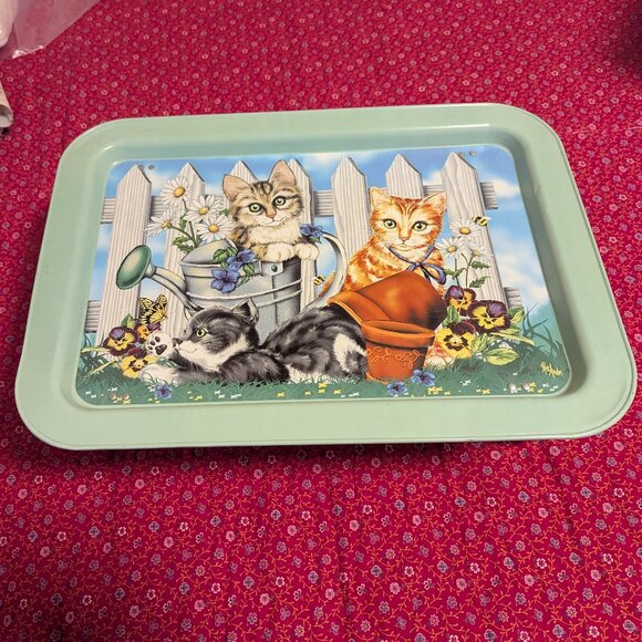 Vintage Ross Avidon Kittens TV Tray Outside Fence Garden Green Metal Table Lap - Picture 3 of 7